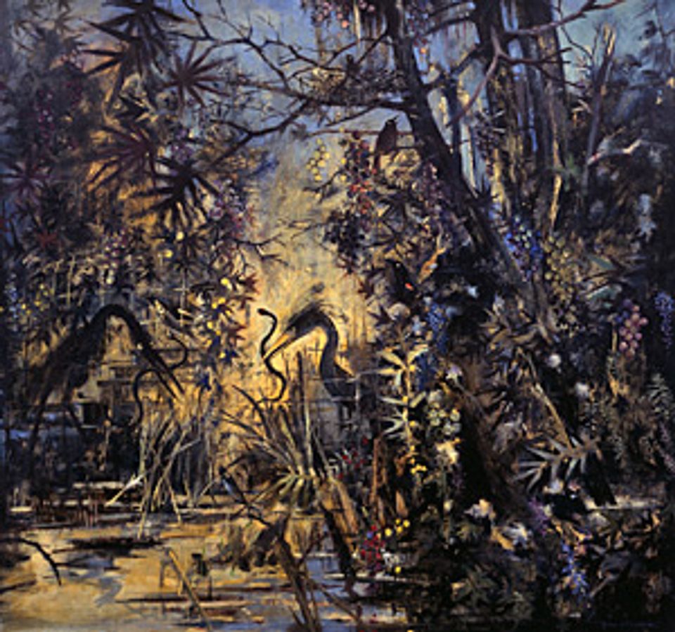 This is a oil painting of swamp scene with birds in sunset blues and yellows. 