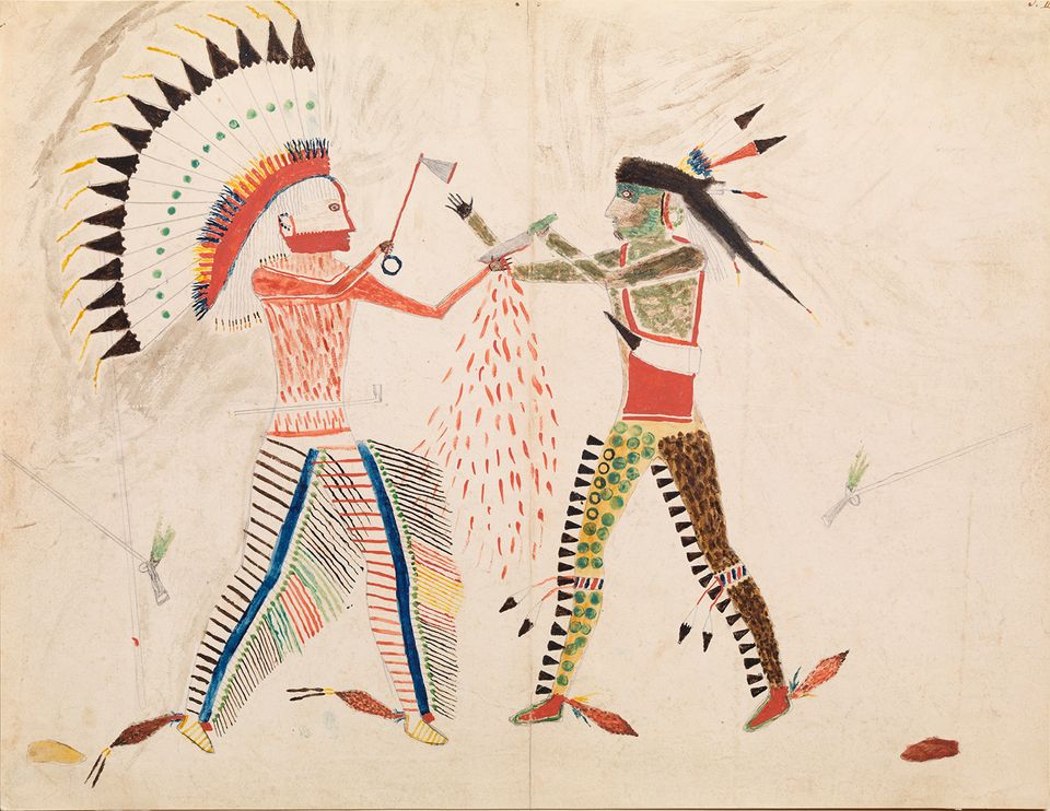 A drawing of two men fighting.