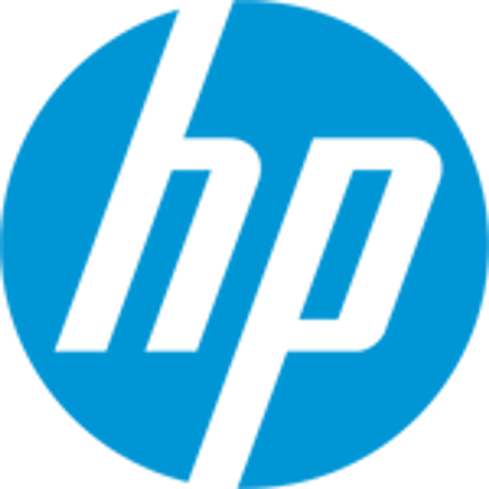 The HP logo in blue