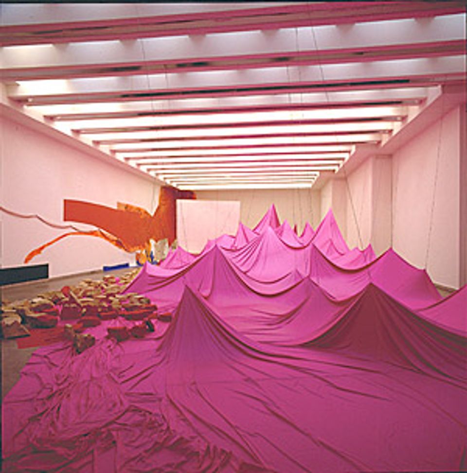A photograph inside a room with pink mountains made of bathing suit material.