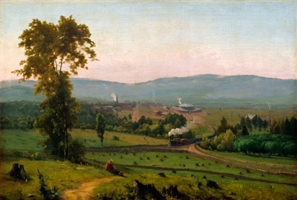 Inness' oil on canvas of a landscape painting with a tree in the foreground, land in the middle ground and mountains in the background.