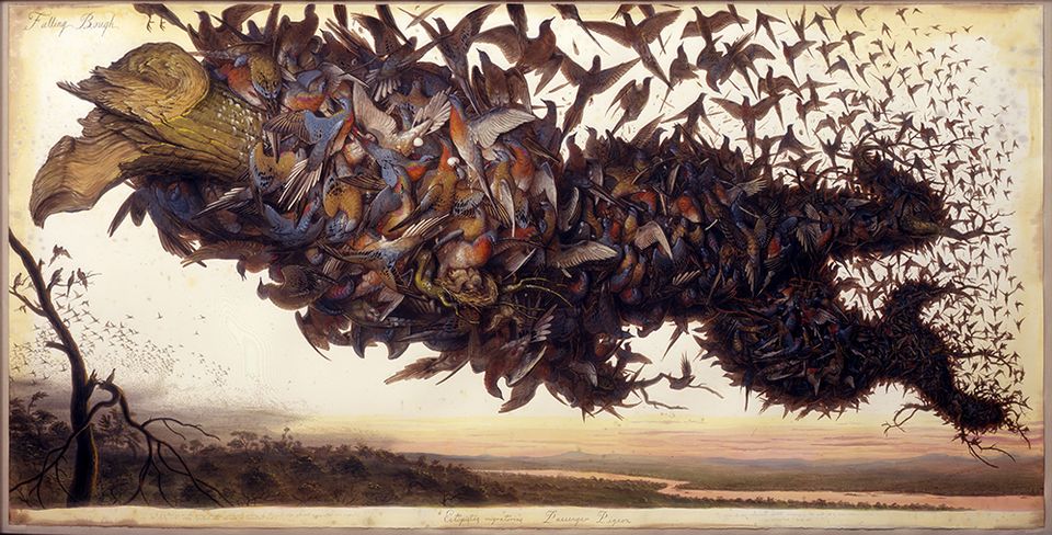 A painting of a tree being engulfed and carried by birds.