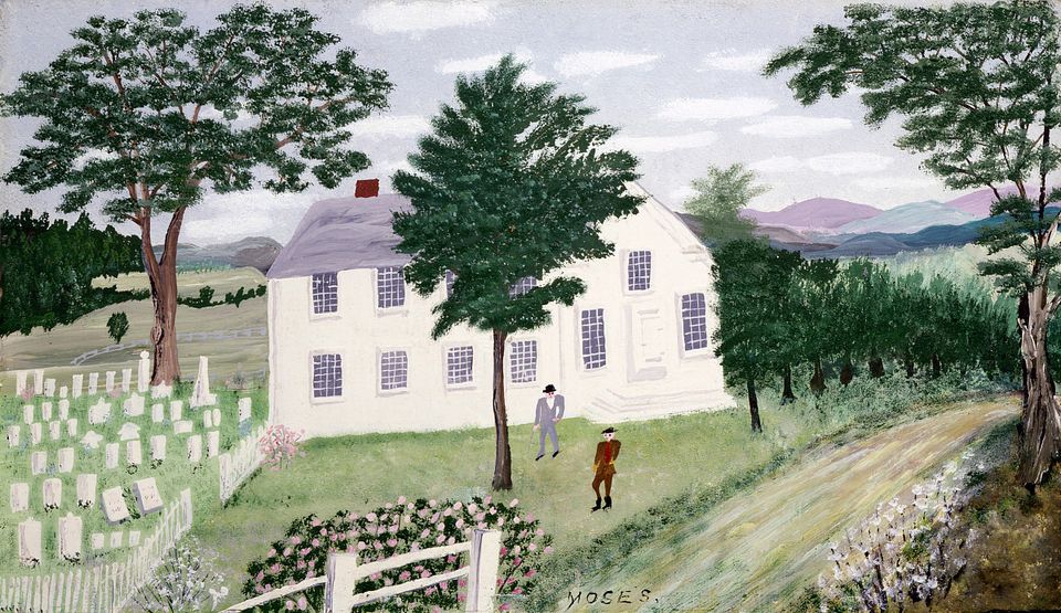 Painting of a small, white church with white gravestones next to it and two men standing outside.