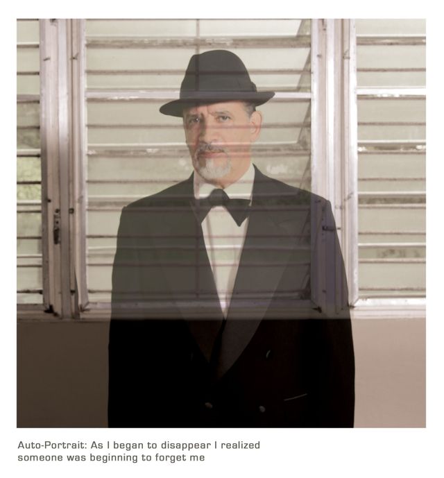 ADAL wears a tuxedo and fedora in front of windows. Text below him reads "Auto-Portrait: As I began to disappear I realized someone was beginning to forget me"