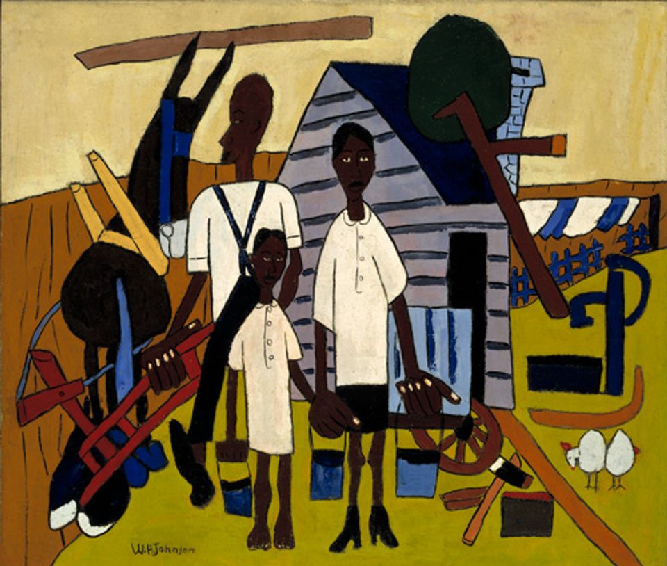 Johnson's oil painting of a family doing chores around the farm.