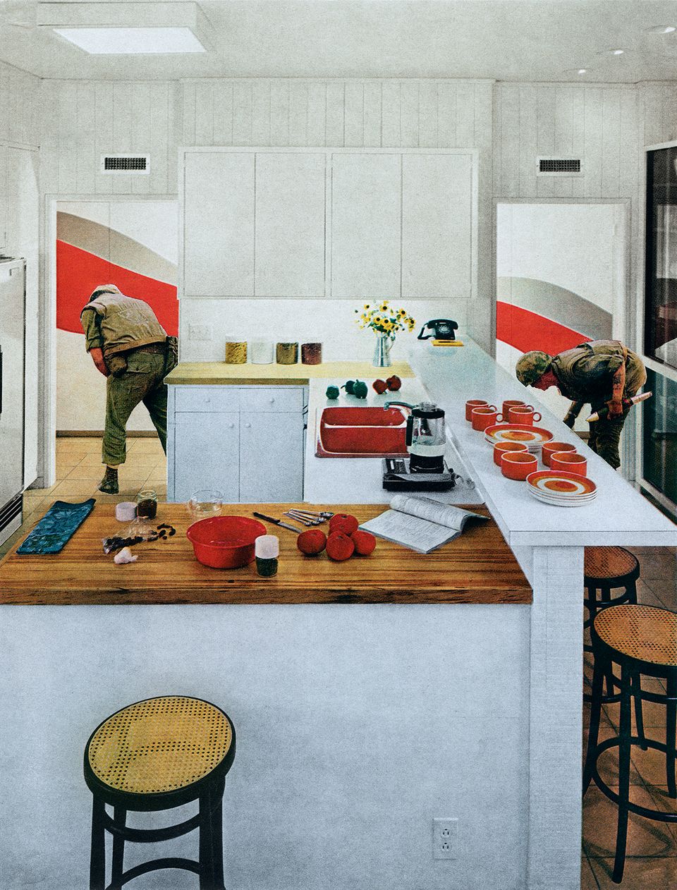 An artwork of a kitchen with red utensils and a red line on the hallway wall with a soldier in the hallway.