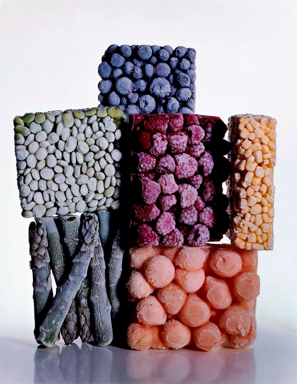 A photograph of six different frozen foods. 
