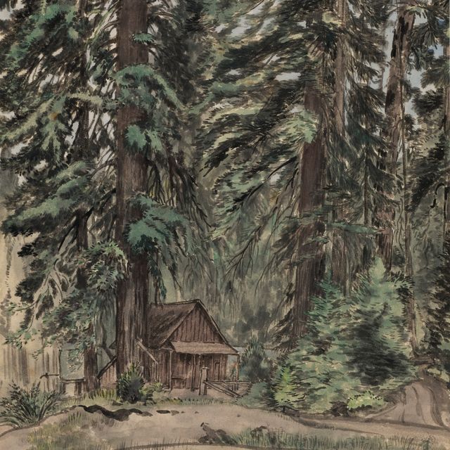A watercolor image of a small inn surrounded by trees. 