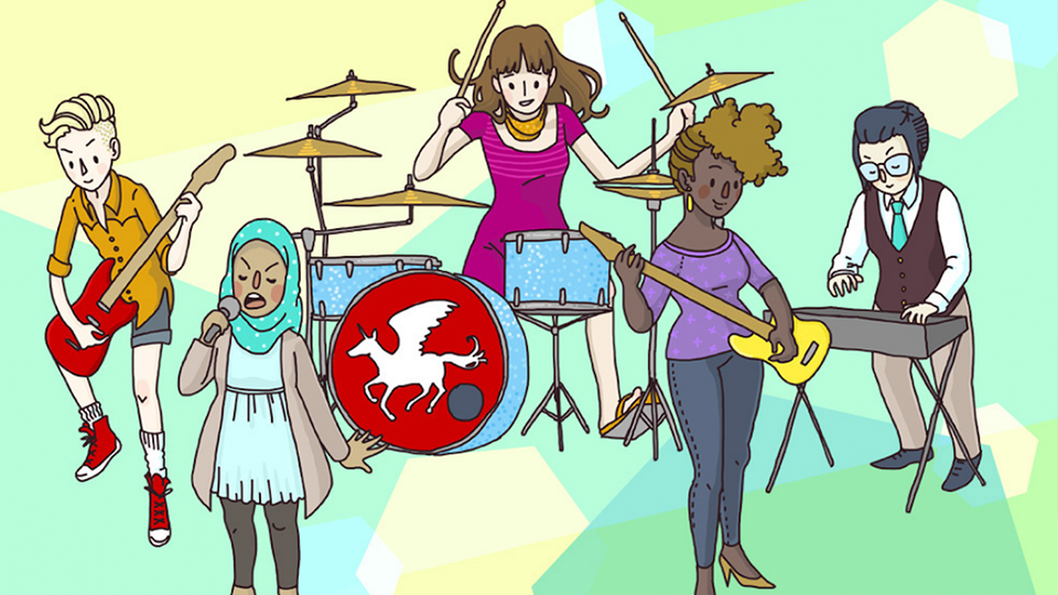 An illustration of women and nonbinary people playing musical instruments together.