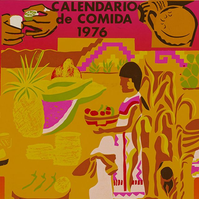 Cover of a 1976 calendar featuring a graphic scene of Mexican people with food.