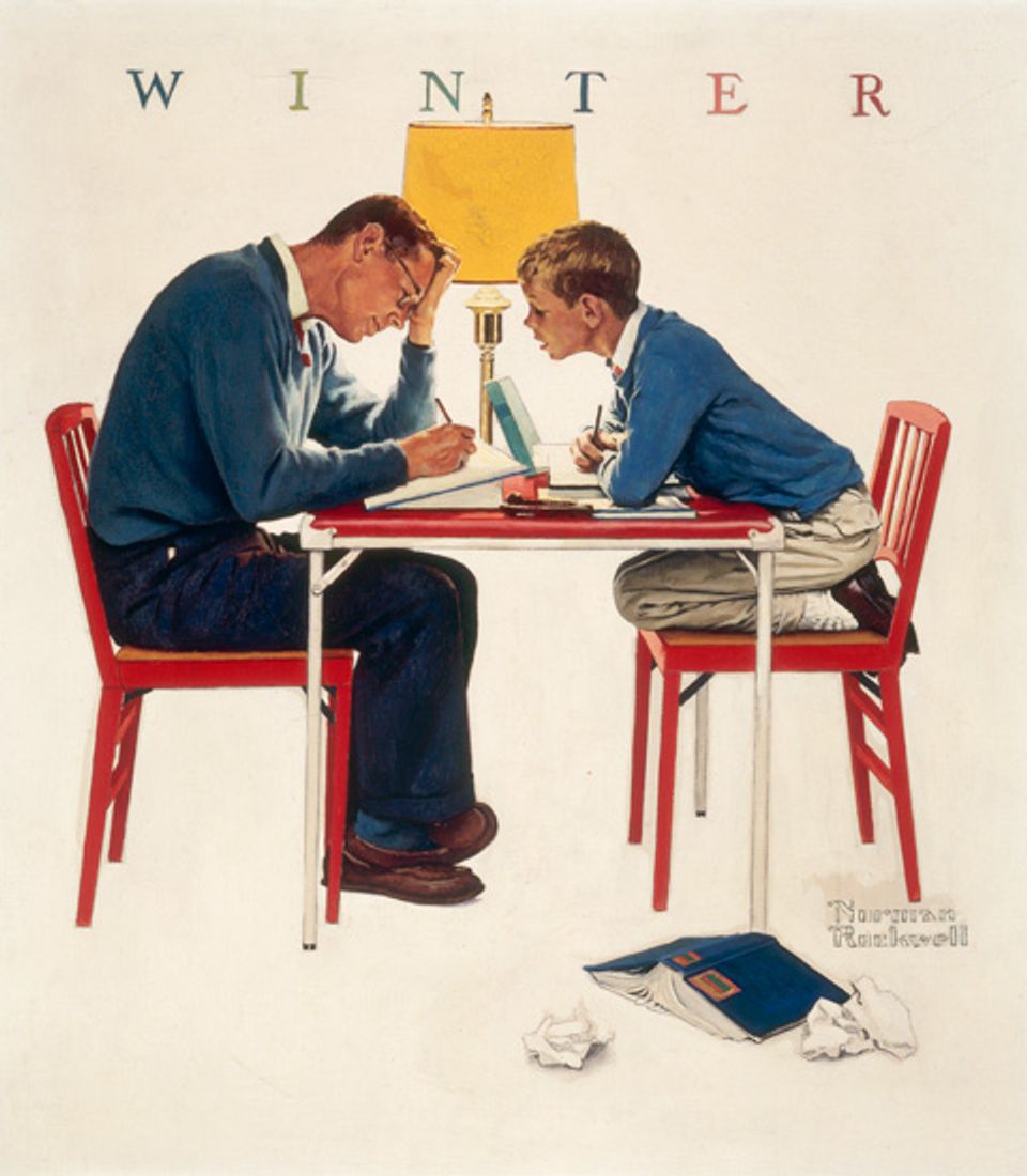 Rockwell's oil on canvas of a father and son working at a kitchen table doing homework.