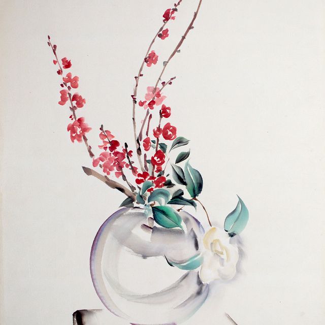 A watercolor image of a vase with flowers