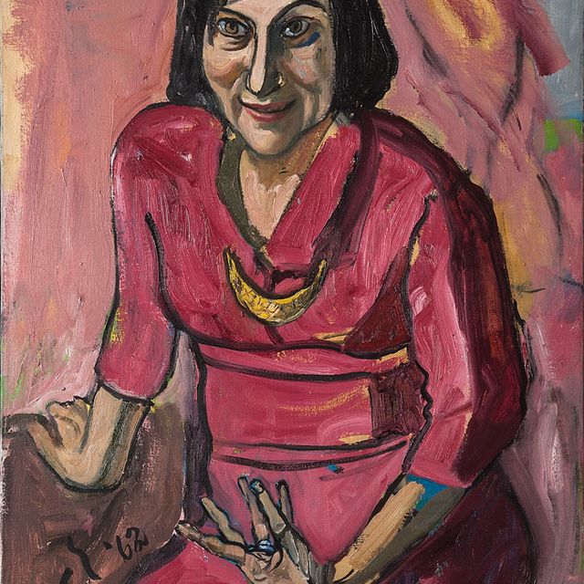 A painting of a woman sitting down in a pink/red dress. 