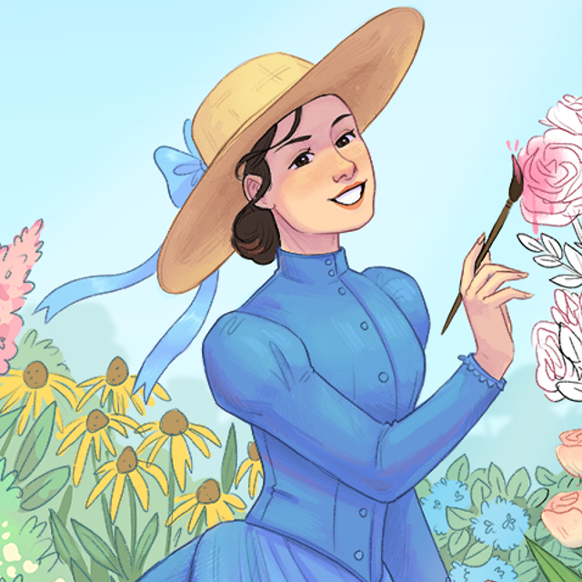 Illustration of a woman standing in a garden, holding a paintbrush.