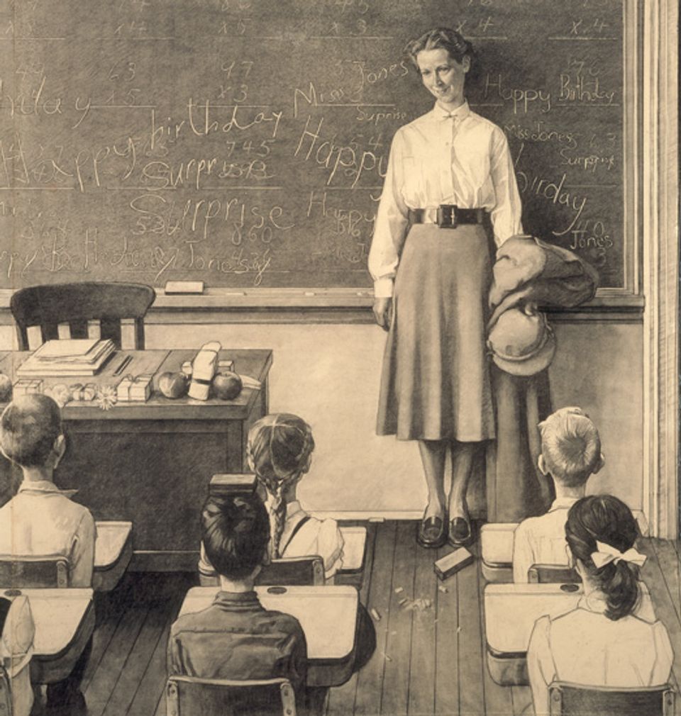 Rockwell's pencil on paper of a teacher in a classroom in front of her students.