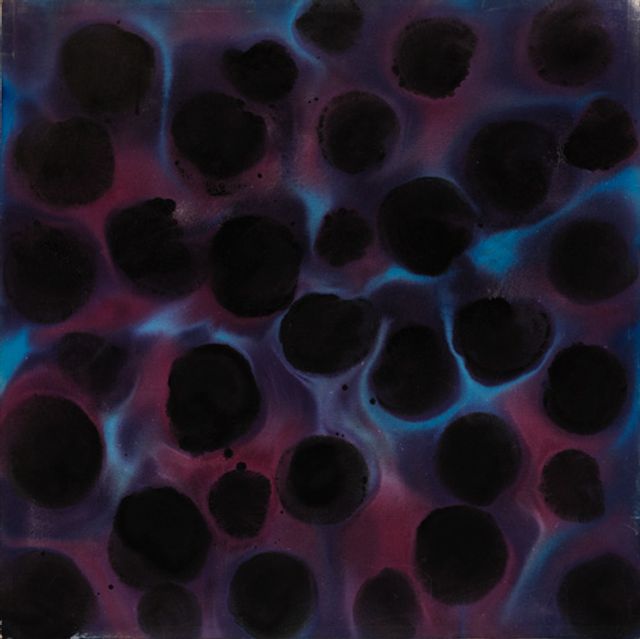 Young's acrylic painting of black circles with blue and red shades around them.