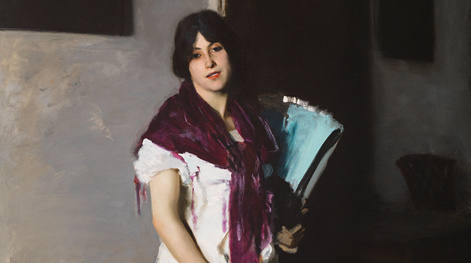 Detail of painting of woman with dark hair holding a blue object