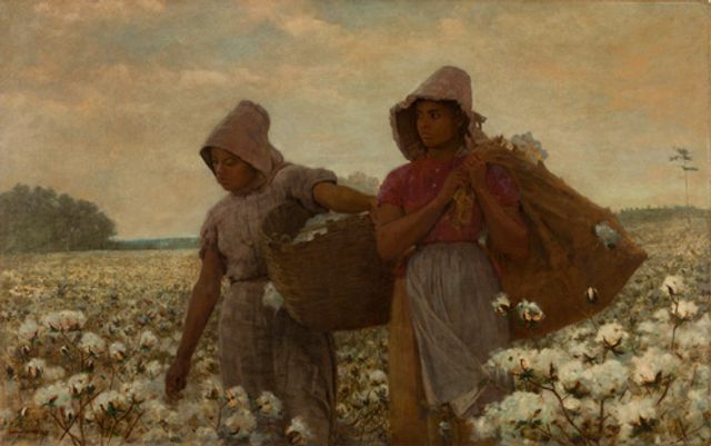 Homer's oil on canvas of two figures in a cotton field picking cotton.