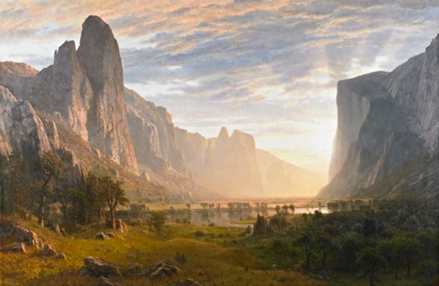 Bierstadt's oil on canvas of Yosemite Valley with greenery in the foreground, the valley in the middle ground and the rock formations in the background.