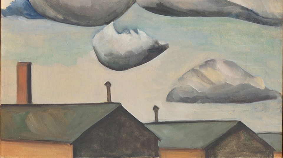 Detail of painting showing the roofs of building and clouds floating over them.