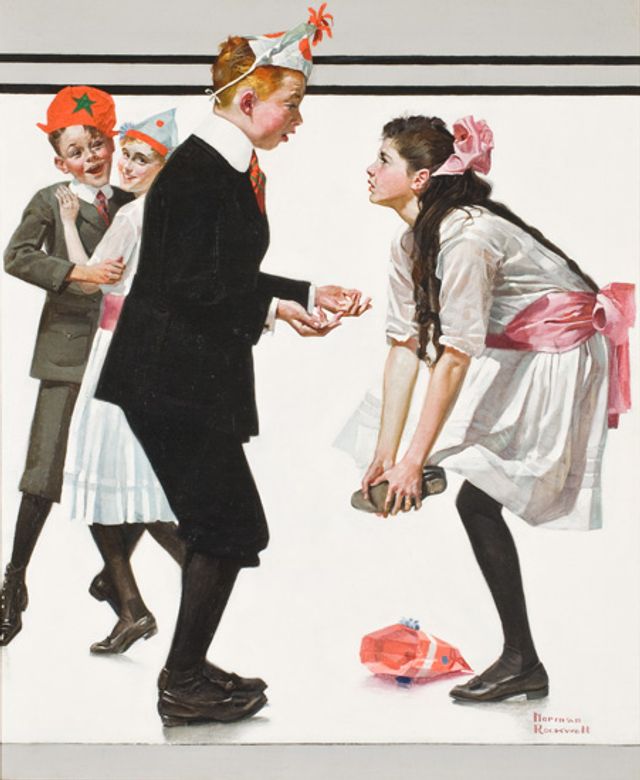 Rockwell's oil on canvas of four children dancing at a party where the boy stepped on the girls toes.