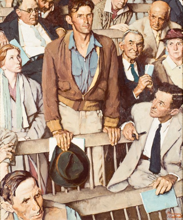 Rockwell's oil on canvas of a man standing up with others in the crowd watching him.