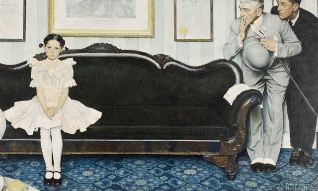 Rockwell's oil on canvas of a girl sitting on a couch with two older men looking at her.