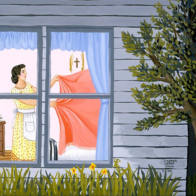 A detail of a painting outside of a house. Through the window, a woman is putting a blanket on a bed..