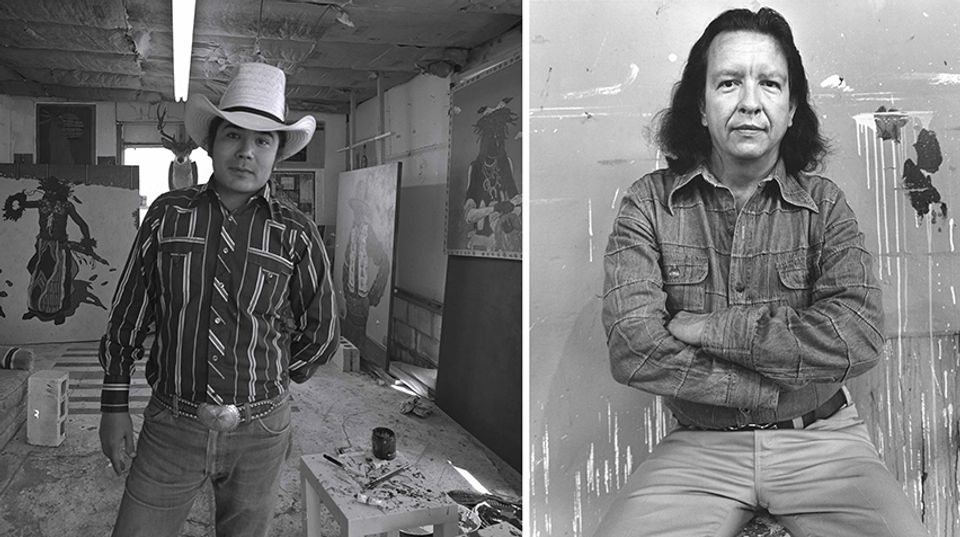 Side-by-side black and white photographs of T.C. Cannon (left) and Fritz Scholder (right).