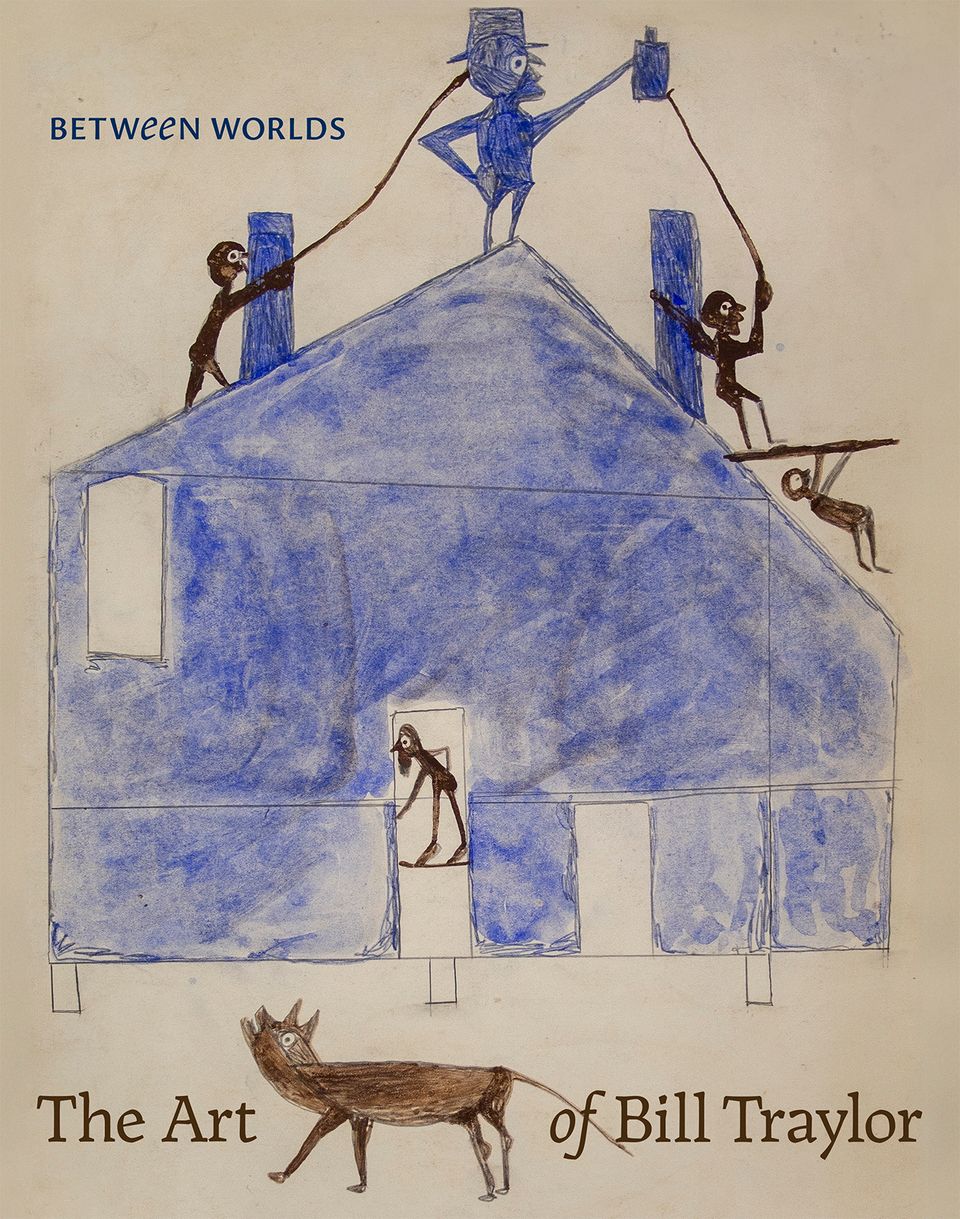 A book cover with a blue house and people on the roof with a dog on the ground.
