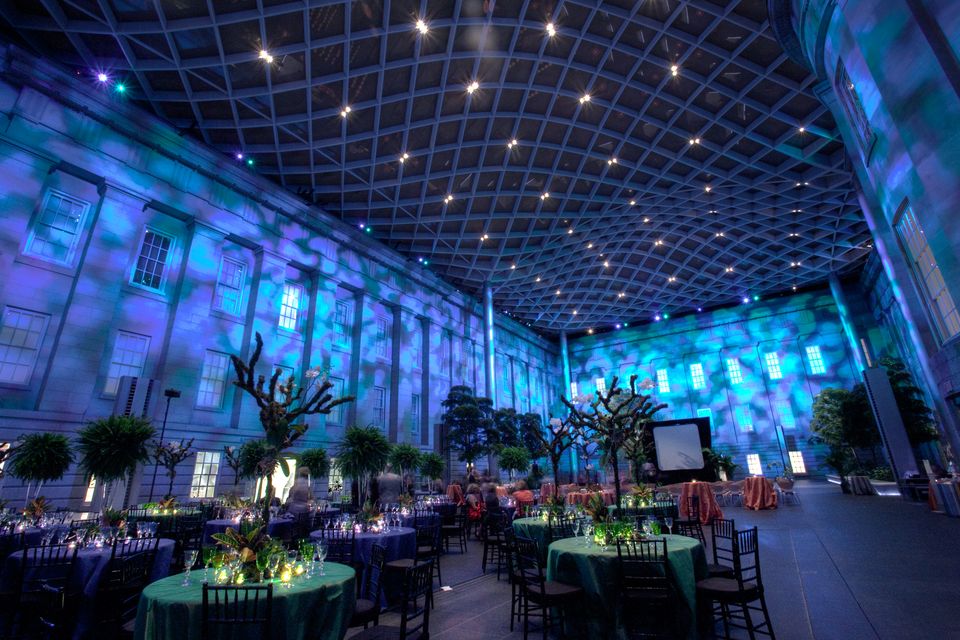 This is a photo inside the Kogod Courtyard at the Smithsonian American Art Musuem at night.