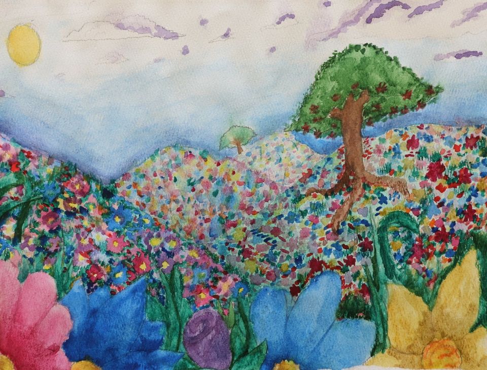A drawing with multi-colored flowers on hills
