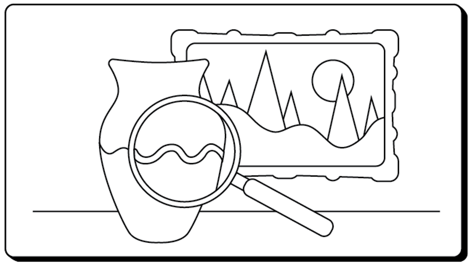 a line drawing of a vase, a painting, and a magnifying glass