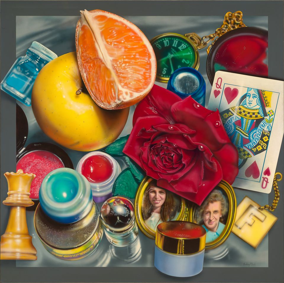 A photorealistic painting of items on a table including an orange wedge, apple, a red rose, the Queen of Hearts and more.