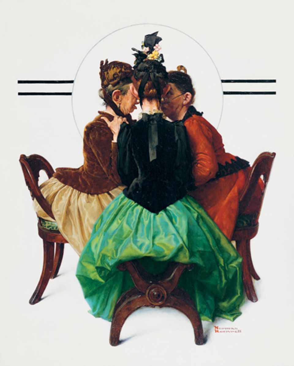 Rockwell's oil on canvas of three ladies gossiping while sitting in chairs. 